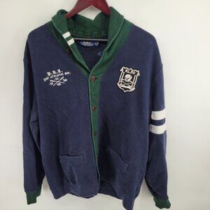 Ralph Lauren Blue and Green Polo Logo Color-Blocked Fleece Cardigan Size X L